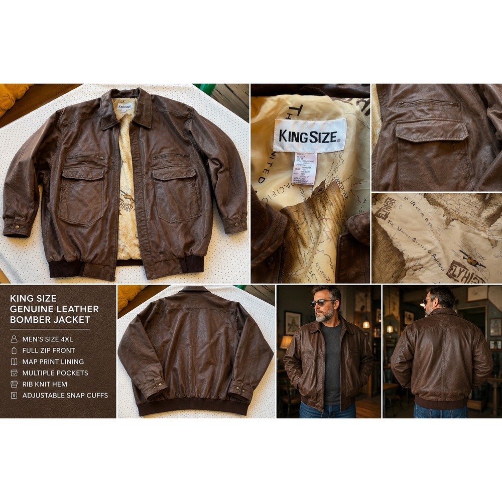 KingSize Brown Leather Bomber Jacket 4XL Map Lining Full Zip Big Tall Coat
